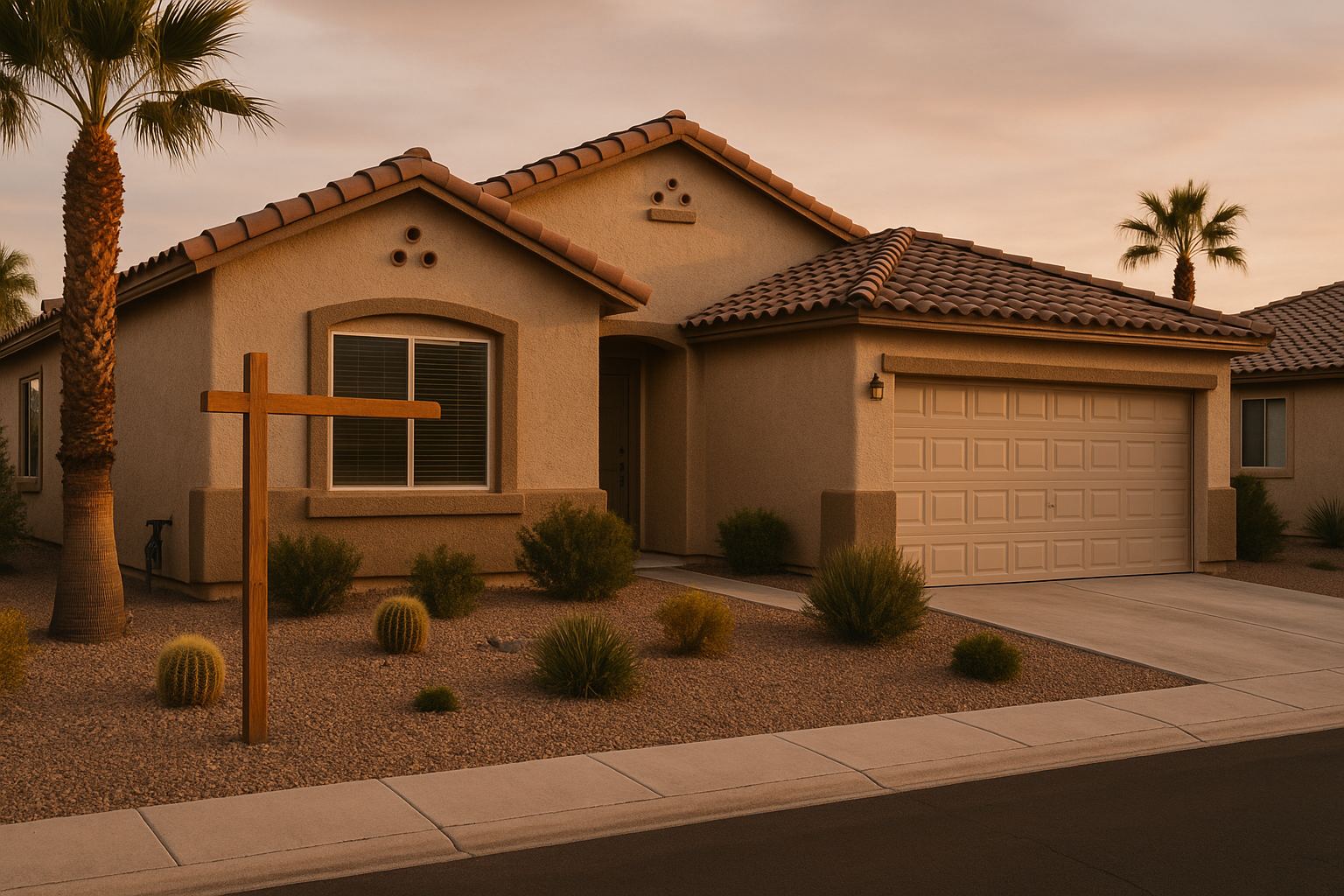 Casa de un piso en Las Vegas con el jardín delantero sin plantas y sin letrero de venta